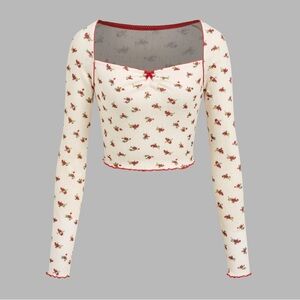 Floral Long Sleeve Crop Top - Cream and Red